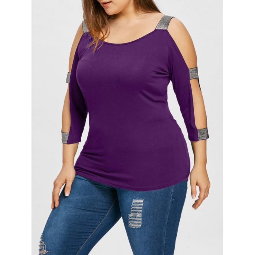 NWT Plus Size Ladder Cut T-shirt Violet w/ Silver - Picture 2 of 5
